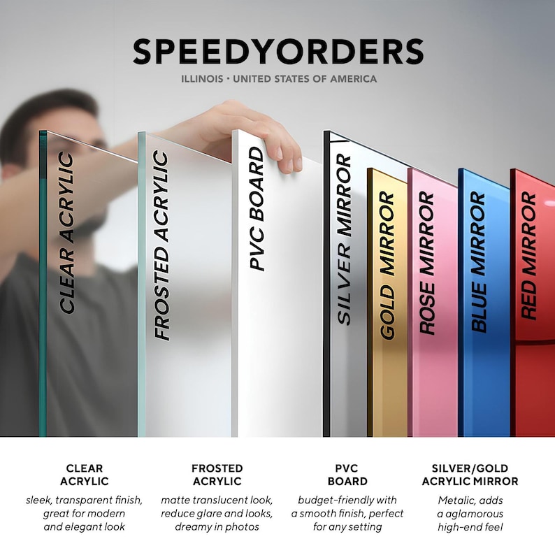 May include: A display of rectangular material samples labeled Clear Acrylic, Frosted Acrylic, PVC Board, Silver Mirror, Gold Mirror, Rose Mirror, Blue Mirror, and Red Mirror. The text SPEEDYORDERS ILLINOIS UNITED STATES OF AMERICA is at the top.