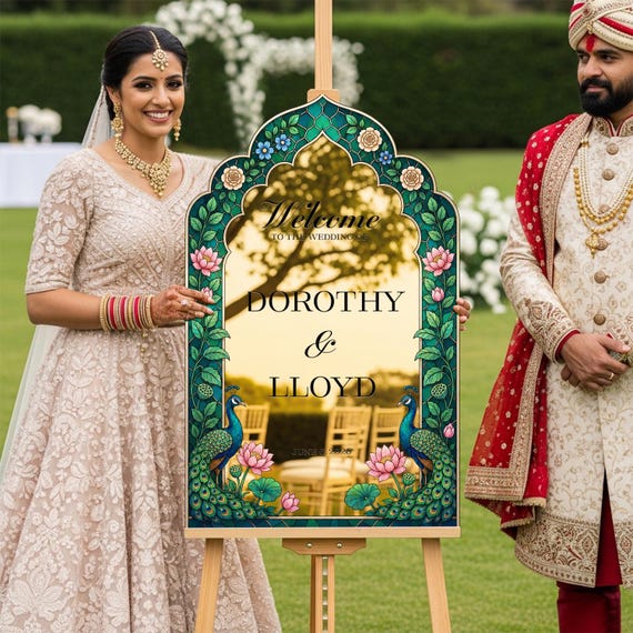 Indian Wedding Sign, Green Indian Wedding Welcome Sign, Peacock Indian Wedding Decorations, Indian Wedding Favors
