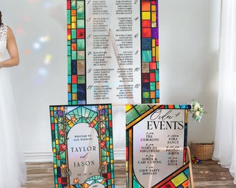 Rainbow Suncatcher Stained Glass Floral Wedding Sign Bundle, Seating Chart Sign, Order Of Events Sign, Wedding Table Numbers