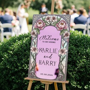 Stained Glass Wedding Sign, Pink Floral Mirror Wedding Welcome Sign, Printed Mirrored Or Acrylic Wedding Entrance Sign Pink Acrylic Mirror