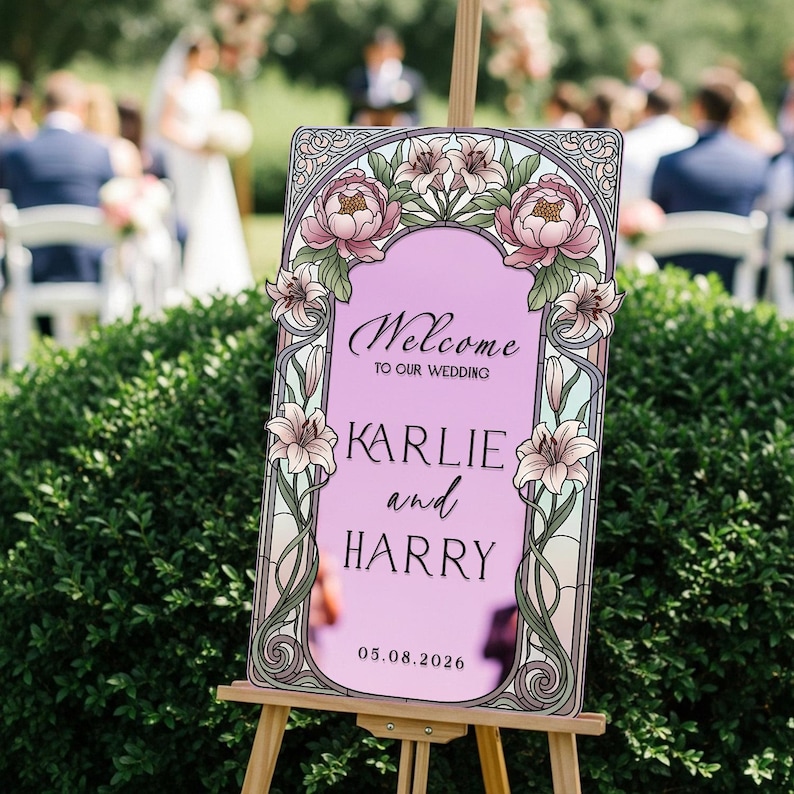Stained Glass Wedding Sign, Pink Floral Mirror Wedding Welcome Sign, Printed Mirrored Or Acrylic Wedding Entrance Sign Pink Acrylic Mirror