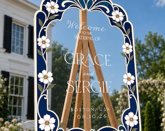 Navy Blue Wedding Sign, Blossom Stained Glass Wedding Welcome Sign, Printed Mirror Acrylic Wedding Entrance Sign