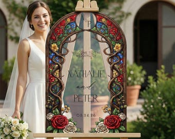 Floral Stained Glass Wedding Sign, Roses Wedding Welcome Signs, Welcome To The Wedding Of Signs, Printed Acrylic Frosted Or Mirror Signage