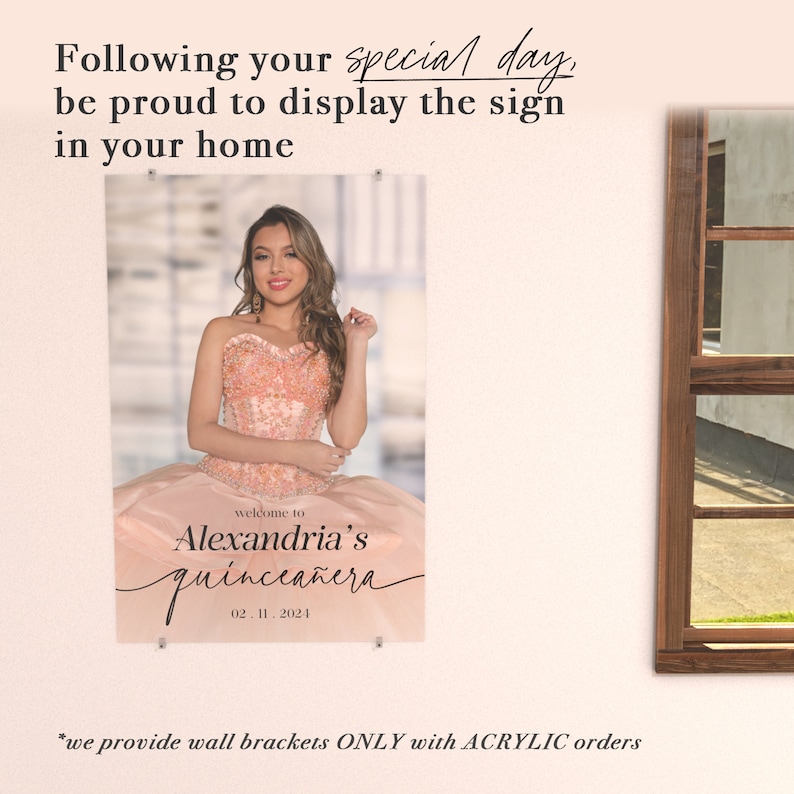 May include: A pink and white quincea&ntilde;era sign with a photo of a young woman in a pink dress. The sign says "Welcome to Alexandria's Quincea&ntilde;era" and the date "02.11.2021".