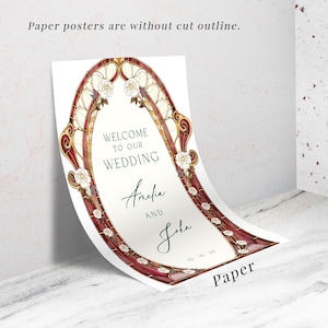 Burgundy Red Stained Glass Floral Wedding Sign, Cream Roses Frosted Wedding Welcome Sign, Printed Mirror Acrylic Wedding Entrance Sign Paper