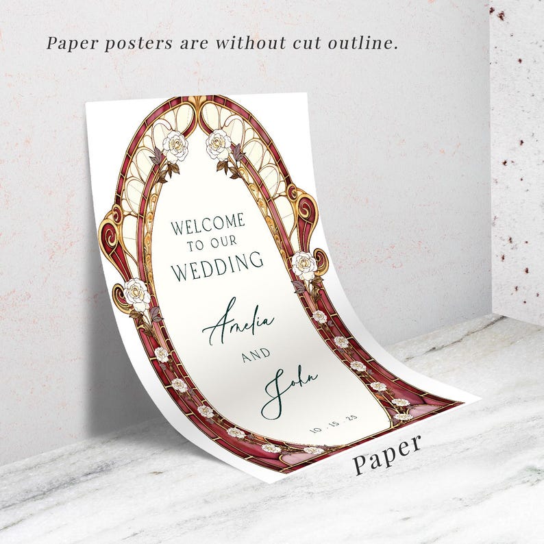 Burgundy Red Stained Glass Floral Wedding Sign, Cream Roses Frosted Wedding Welcome Sign, Printed Mirror Acrylic Wedding Entrance Sign Paper