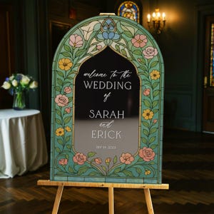 Stained Glass Wildflowers Wedding Sign, Floral Mirror Wedding Welcome Sign, Printed Frosted Acrylic Wedding Sign, Wildflower Wedding Decor