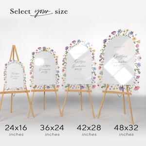 May include: Four arched acrylic signs with floral borders on wooden easels. Text reads: Select your size, Welcome to, Kaitlyn's Graduation party, August 17, 2024. Sizes listed below are 24x16, 36x24, 42x28, and 48x32 inches.
