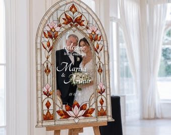 Silver Mirror Wedding Sign, Orange Stained Glass Wedding Welcome Sign, Printed Mirror Acrylic Wedding Entrance Sign