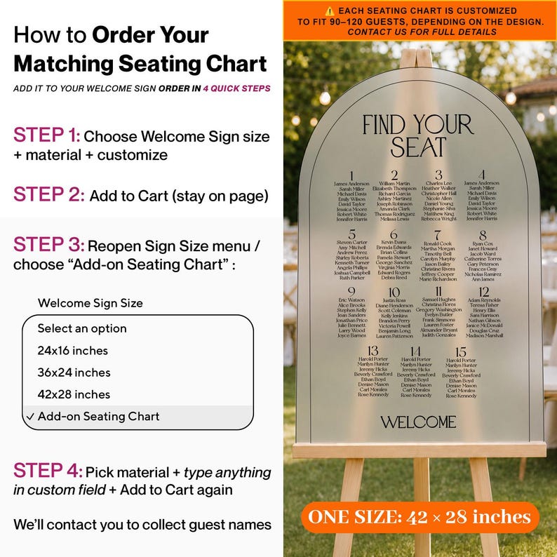 May include: An arched, frosted acrylic seating chart sign on a wooden easel. The sign features the text 'FIND YOUR SEAT' at the top, followed by fifteen numbered tables with lists of guest names, and 'WELCOME' at the bottom. It measures 42 by 28 inches.
