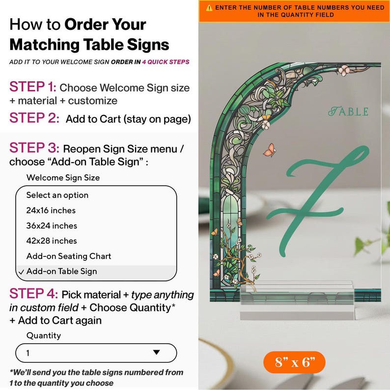 Emerald Green Stained Glass Wedding Sign Bundle, Seating Chart Sign, Vintage Order Of Events Sign, Wedding Table Numbers Add-on Table Sign
