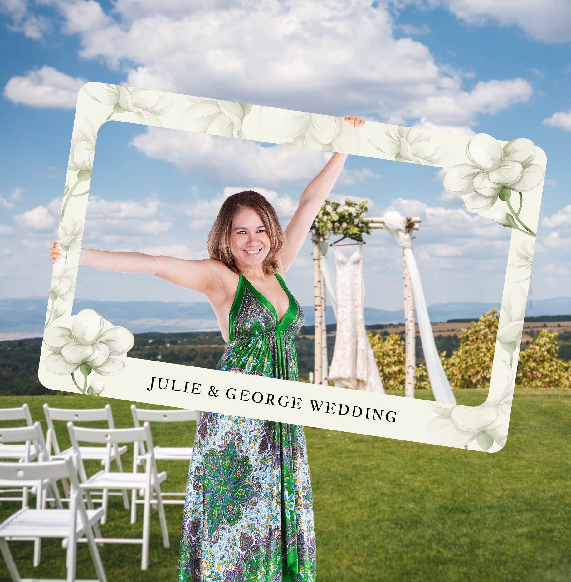 Wedding Photo Booth Custom Wedding Selfie Frame Gardenia Flower Wedding Photo Booth Props White Floral Wedding Photo Prop