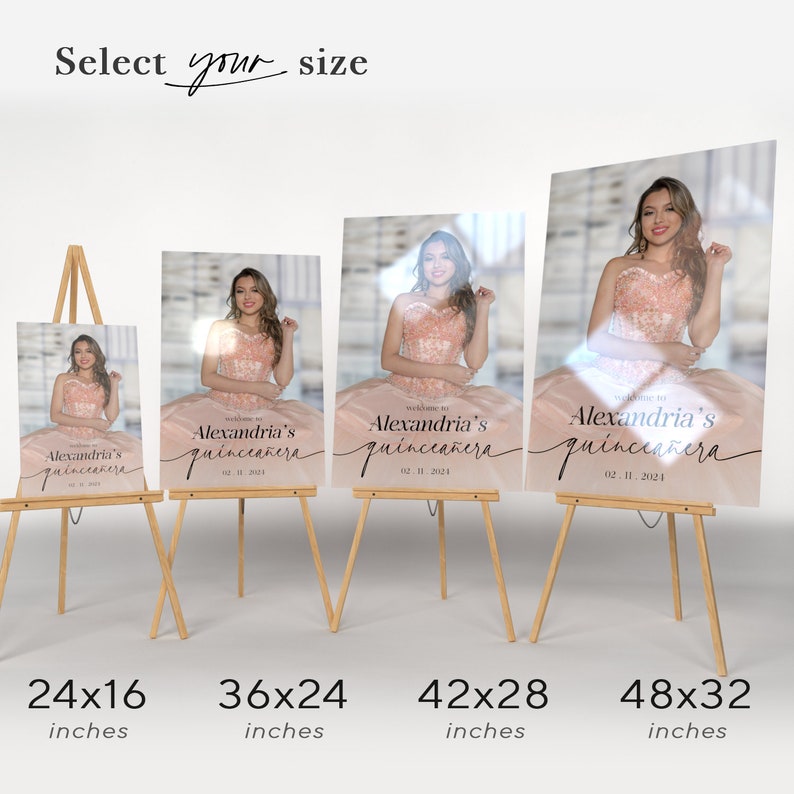 May include: Four different sizes of a quincea&ntilde;era sign with a photo of a young woman in a pink dress. The sign says "Welcome to Alexandria's Quincea&ntilde;era" with the date "02.11.2023". The sizes are 61x41 cm, 91x61 cm, 107x71 cm, and 122x81 cm.