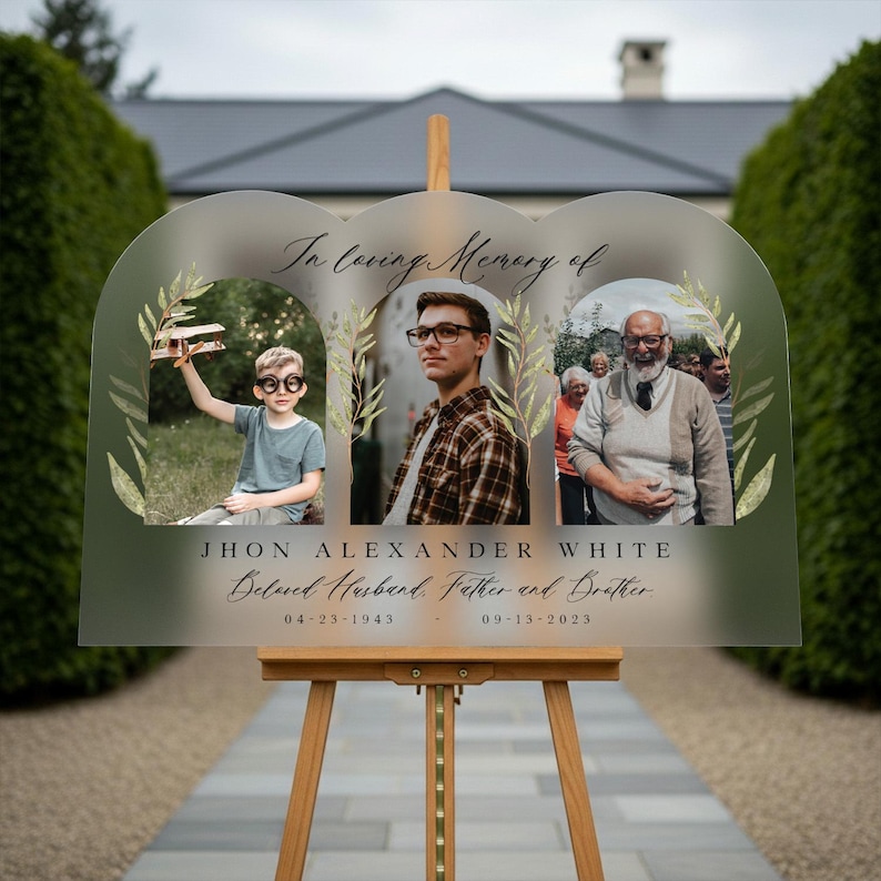 In Loving Memory Sign, Funeral Welcome Sign, Celebration of Life Welcome Sign, Personalized Memorial Sign With 3 Photo Collage Frosted Acrylic