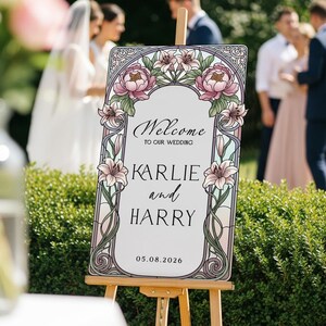 Stained Glass Wedding Sign, Pink Floral Mirror Wedding Welcome Sign, Printed Mirrored Or Acrylic Wedding Entrance Sign PVC Board