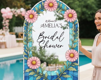 Pink Floral Stained Glass Bridal Shower Sign, Blue Bridal Shower Mirror Welcome Signs, Custom Bridal Shower Entrance Signs