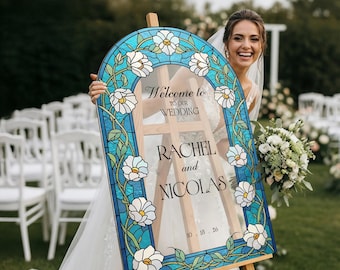 Wedding Welcome Sign, Floral Stained Blue Glass Wedding Sign, Acrylic Wedding Signs, Printed Wedding Signage