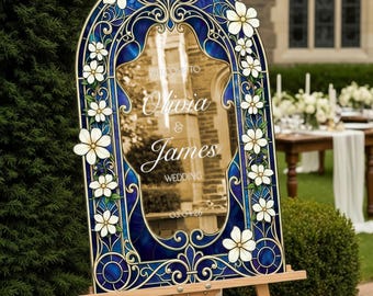 Navy Blue Wedding Welcome Sign, Custom Acrylic Wedding Sign, Floral Stained Glass Wedding Entrance Sign, Vintage Wedding Decorations