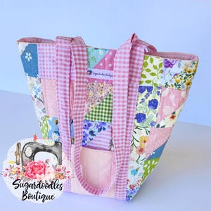 Scrappy Patchwork Quilted Tote Bag-Handmade Floral Tote Bag-Gingham Bag-Pink Tote- Medium Size Tote Bag with Attached Straps-Soft-Durable