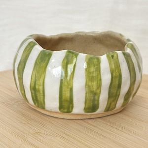 Handmade Ceramic Snack Bowl, Hand-Built Pinch Pot, Green Striped Condiment Bowl