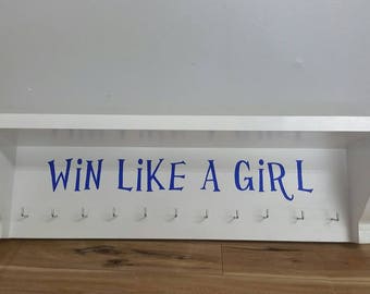 Trophy Shelf and Medal Holder,  Trophy Display, Basketball Shelf, Soccer Shelf, Baseball Display, Customizable You Can Pick The Saying