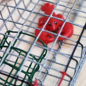 May include: A red lobster figurine trapped inside a wire cage with a green wire mesh in the background.