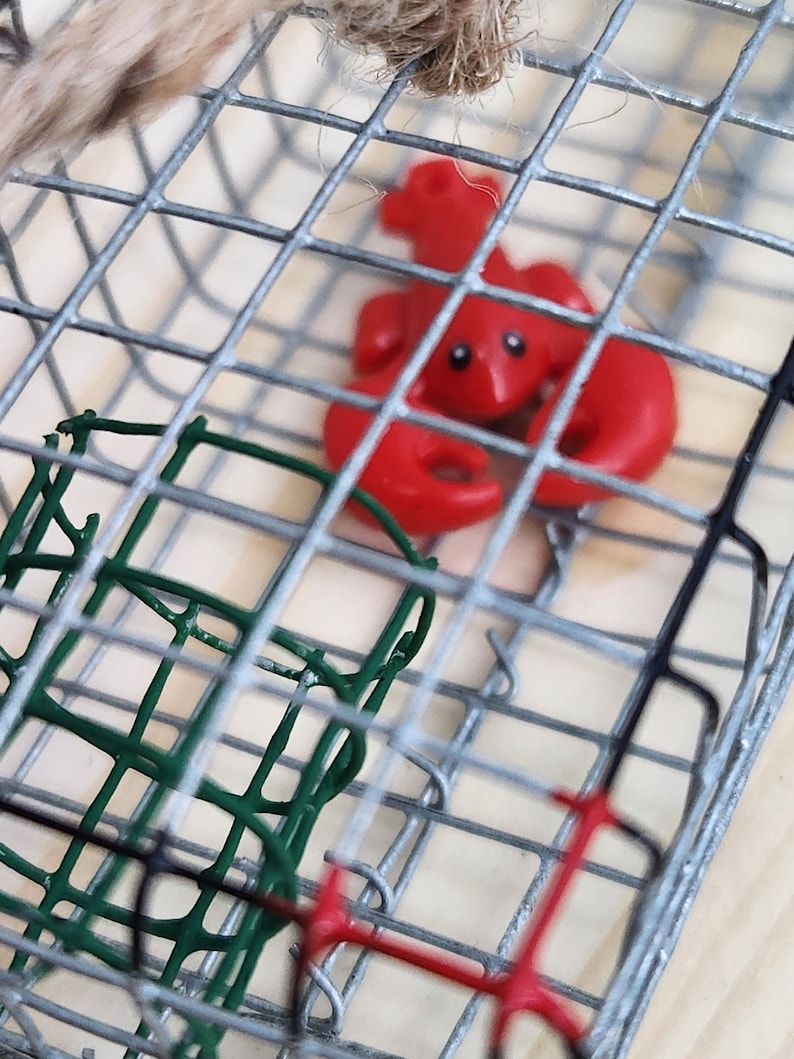 May include: A red lobster figurine trapped inside a wire cage with a green wire mesh in the background.