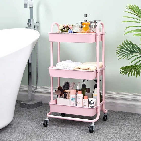 Pink Utility Cart Elegance, Utility Cart Metal/Plastic, Serving Trolley, Storage Organizer, 3 Tiers Design, Rolling Cart with Lockable Wheel