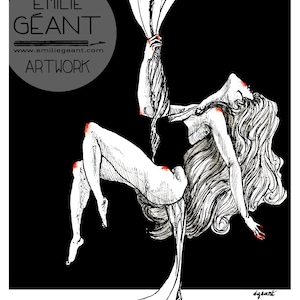 Może przedstawiać: Czarno-biała ilustracja kobiety wiszącej na białym materiale. Kobieta ma długie włosy i jest ubrana w czarny kostium kąpielowy. Obraz jest na czarnym tle i zawiera tekst "ÉMILIE GÉANT www.emiliegeant.com ARTWORK".