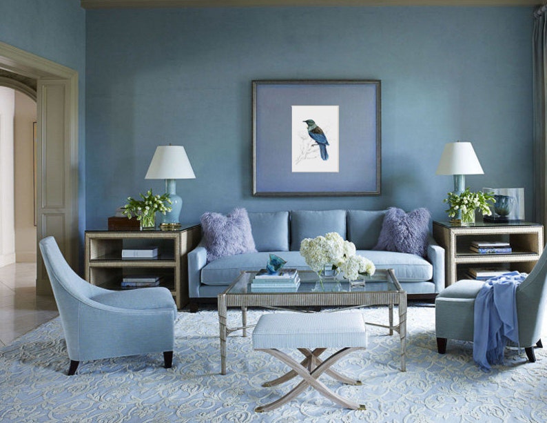 May include: A light blue living room with a light blue sofa, two chairs, a coffee table, and a rug. The walls are painted a light blue color. There is a framed print of a bird on the wall. The coffee table has a glass top and a white ottoman.