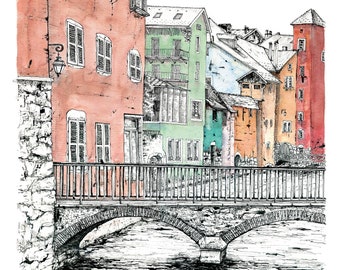 May include: Watercolor and ink illustration of a European cityscape featuring colorful buildings along a canal. A stone bridge arches over the water, with a metal railing. The buildings are painted in shades of red, green, blue, and orange.