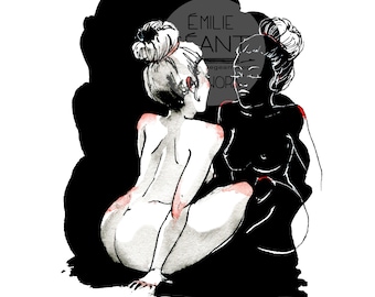 May include: Black and white ink drawing of two women, one in front of the other, with their backs to the viewer. The woman in the front is nude and the woman in the back is wearing a black dress. The drawing is signed "Émilié Sant" in the upper right corner.