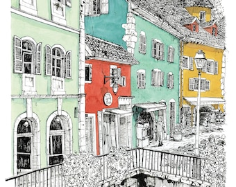 May include: A black and white ink drawing of a bridge over a canal in a European city. The bridge is made of stone and has a rounded arch. The canal is lined with colorful buildings, including a green building with white shutters, a teal building with white shutters, a red building with a white door, and a yellow building with white shutters. The drawing is signed "ÉMILIE GÉANT" in the upper right corner.