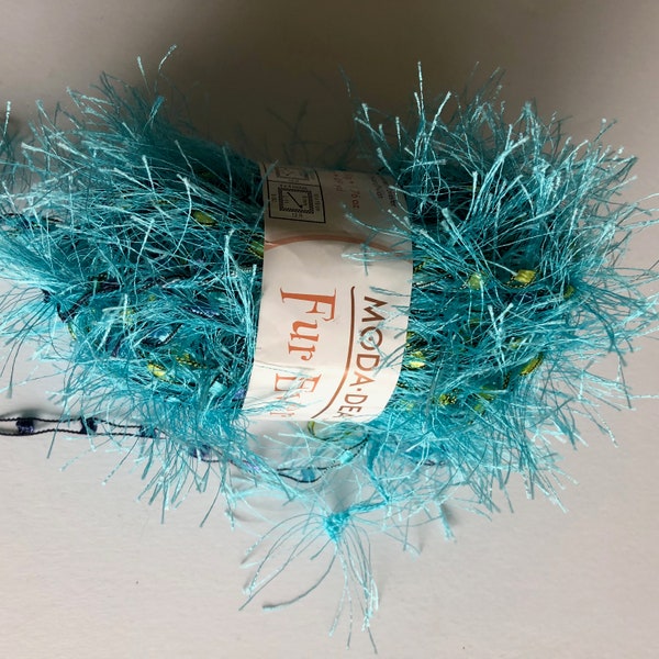 Partial skein of a discontinued yarn, Fur Ever by Moda Dea in aquamarine , eyelash yarn in turquoise.