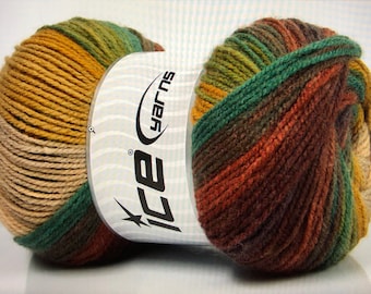 Ice Yarns in Magic Light Brown Shades, Green Shades, Gold, Beige colors, variegated yarn