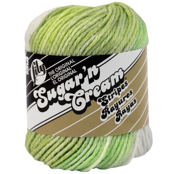Sugar and Cream Stripes Yarn, Lime Stripes. Green and White in Stripes. 