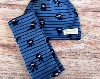 Baby hat and neck warmer. Striped mid-season hat with little ninjas.