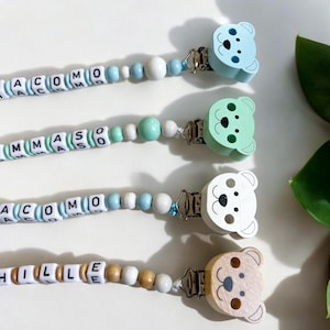 Teddy Bears. Personalized Pacifier Holder with Name. Wooden Pacifier Chain. Birth Gift Idea.
