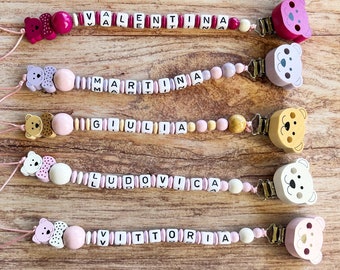 Teddy bears. Personalized pacifier holder with name. Wooden pacifier chain. Birth gift idea.