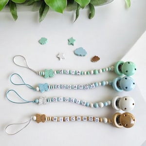 Elephant. Pacifier holder with name. Wooden pacifier chain. Personalized birth gift.