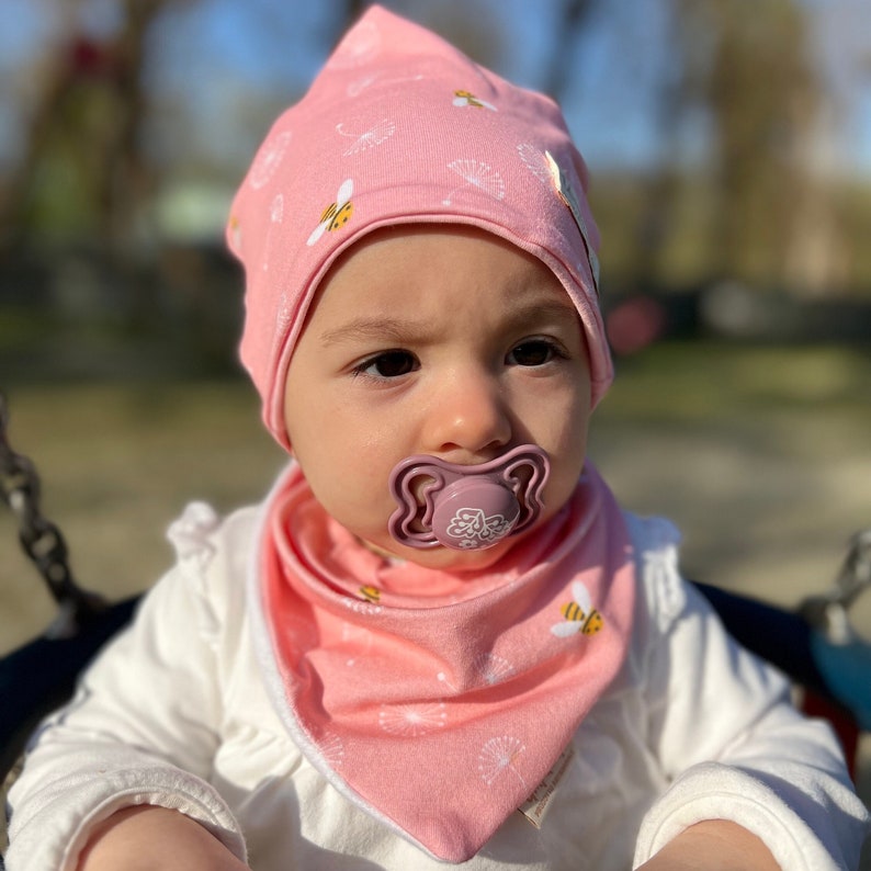 Coordinated hat and bandana set. Pink baby hat with bees and dandelions. Female birth gift. image 6