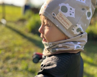 Cappellino beige con orsi polari bambini. Scaldacollo bimbo in cotone. Fatto a mano. Made in italy. Regalo bimbo.