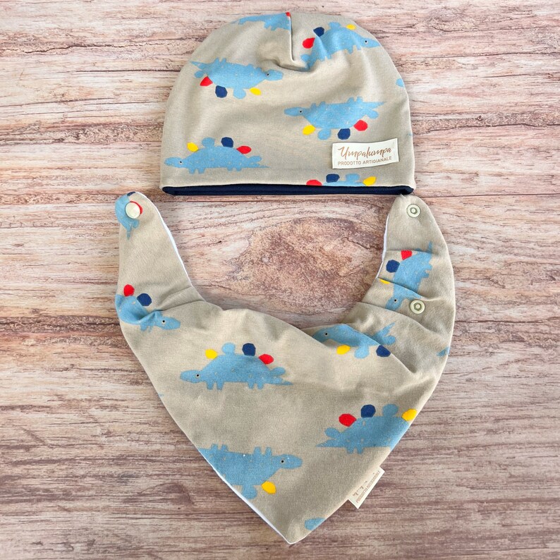 Coordinated spring hat and newborn bandana. Dinosaur baby cotton hat. image 5