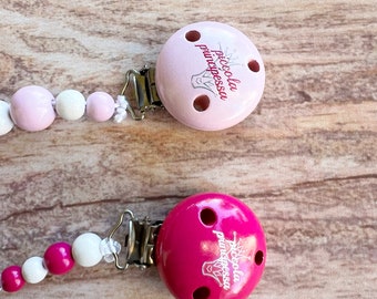 Little Princess. Wooden pacifier chain, Pacifier holder customizable with name. Birth gift.