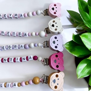 Teddy bears. Personalized pacifier holder with name. Wooden pacifier chain. Birth gift idea.