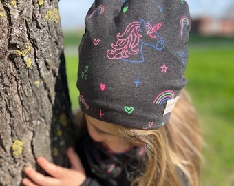 Fluorescent unicorn hat, neck warmer and scarf. Spring cotton hat for girls.