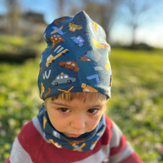 Bonnet et cache cou bebe avec moyen de transport. Bonnet mi saison en coton pour enfant. Foulard colore. Etsy France