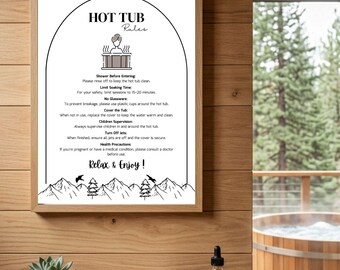 Hot Tub Rules Sign Canva Template | Editable Short Term Rental Signage | Mountain House Decor | Printable Airbnb Welcome Book Accessory