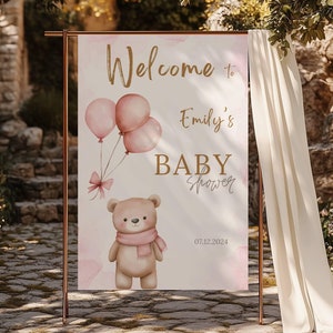 Editable Baby Shower Welcome sign Template with Bear and Pink Balloons - Canva Template for Girl Baby Shower, girl baby shower