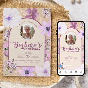 Convite editável para 75º aniversário com foto personalizada para mulheres | Modelo de convite de aniversário floral roxo | Modelo digital Canva